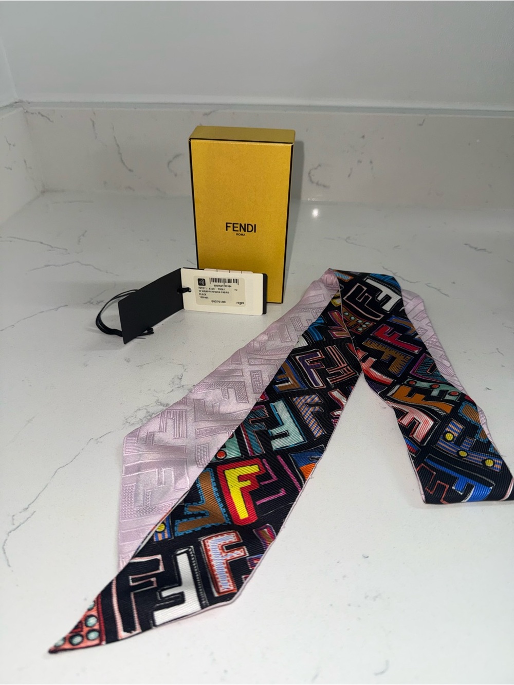 Fendi Multicolor FF Motif Silk Twilly with Light Pink Reverse